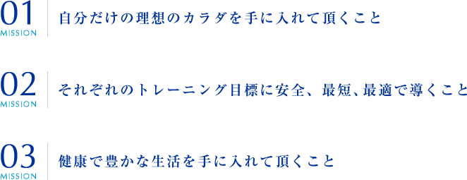 自分だけの理想のカラダを手に入れて頂くことそれぞれのトレーニング目標に安全、最短、最適で導くこと健康で豊かな生活を手に入れて頂くこと